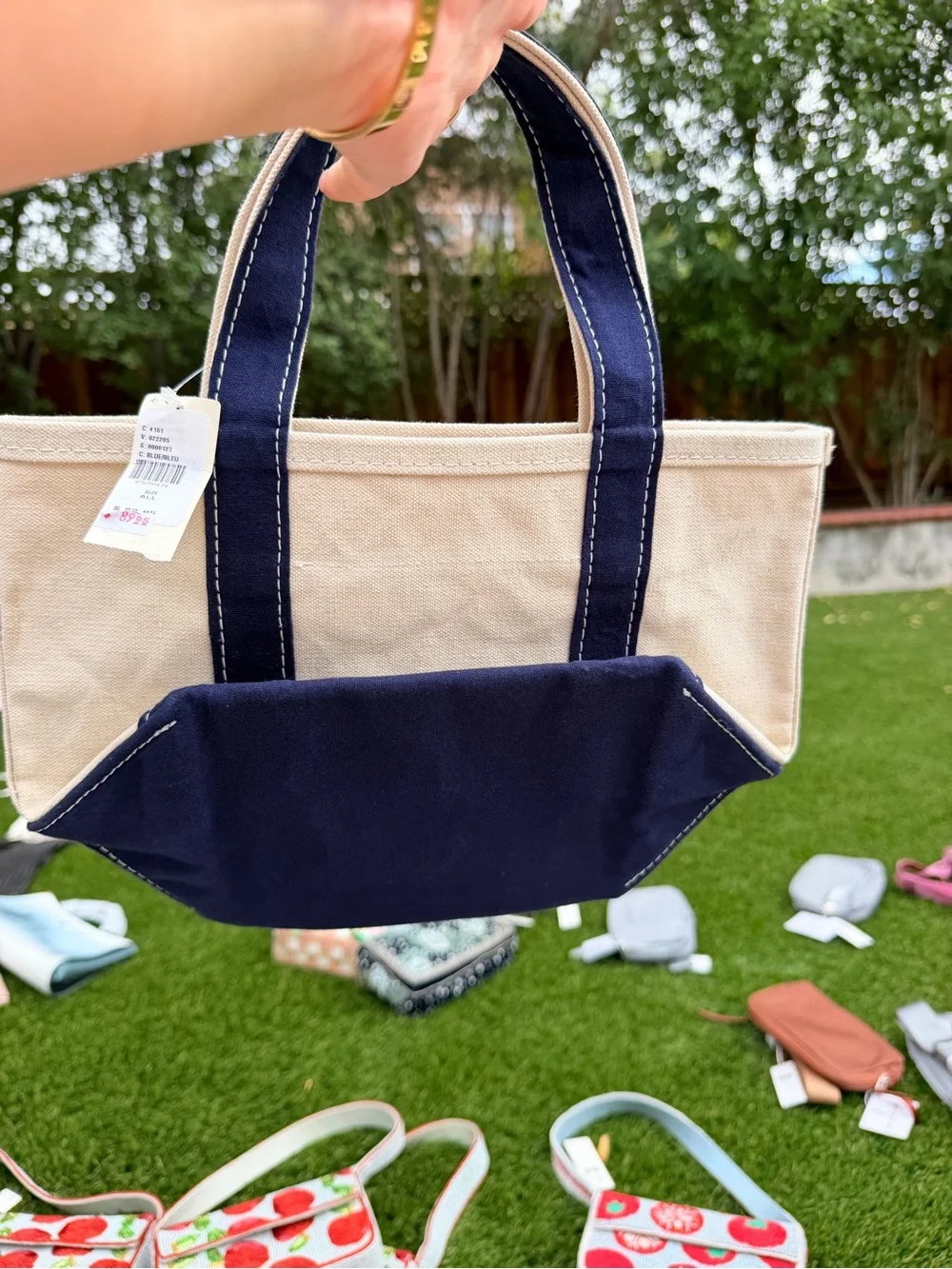 Canvas Tote Bag with Lemon Bead Embroidery - Navy Trim NWT